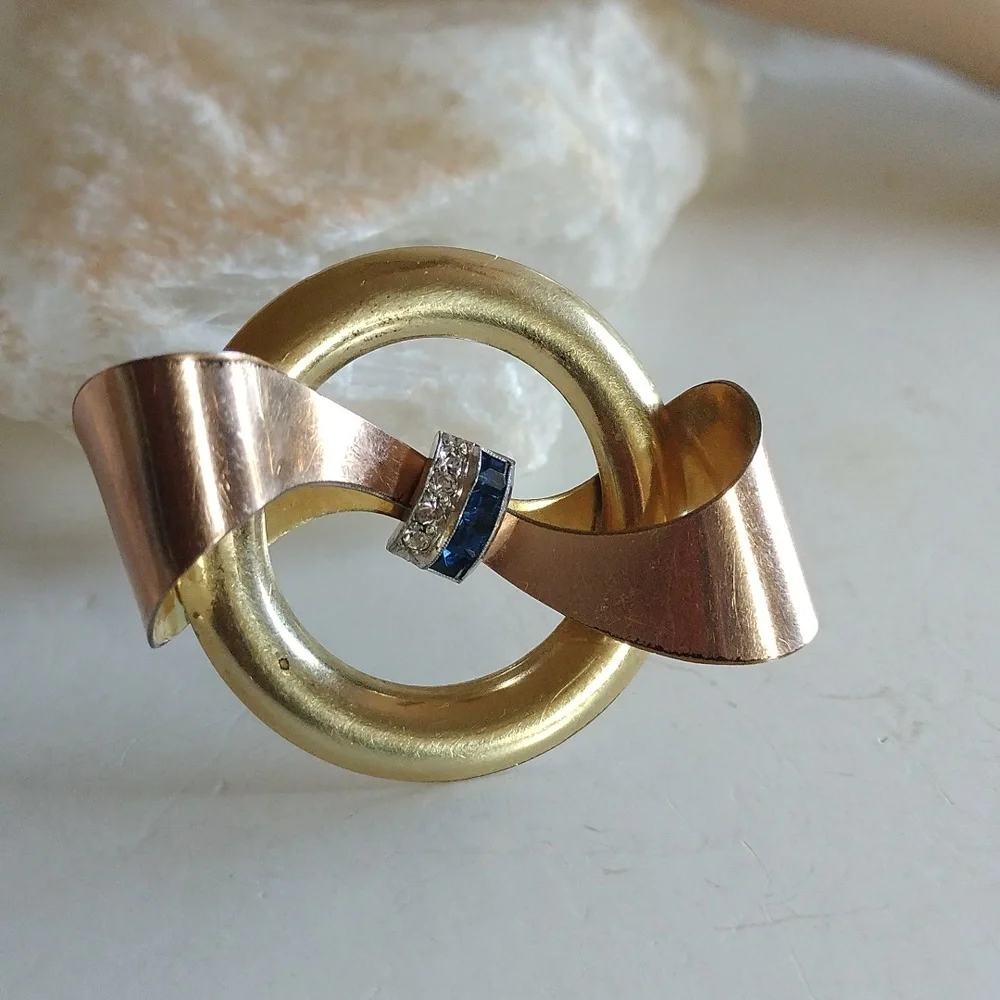 VINTAGE TAYLORD 1/20K GOLD FILLED BOW PIN BLUE WHITE CRYSTALS
